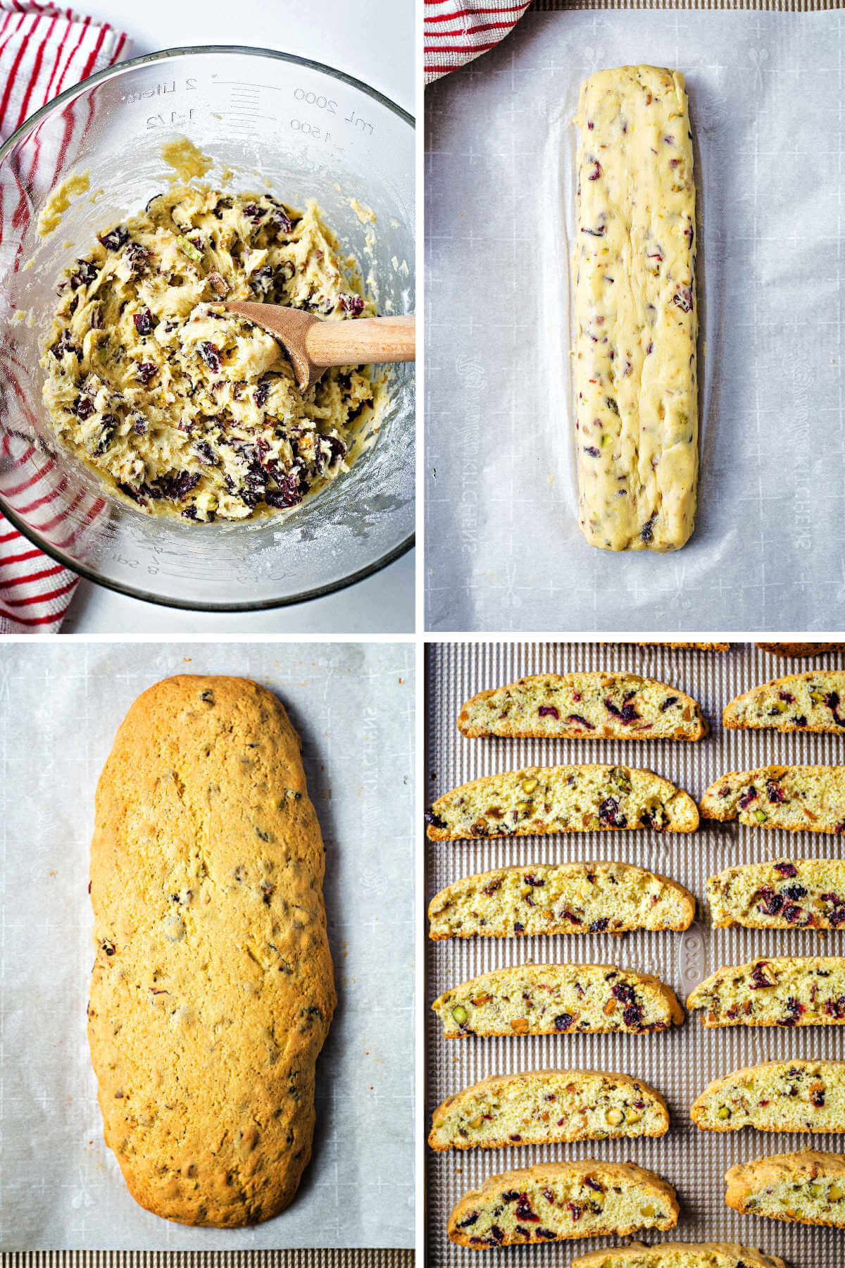 cranberry pistachio biscotti dough in a bowl, then formed into a log on a baking sheet.