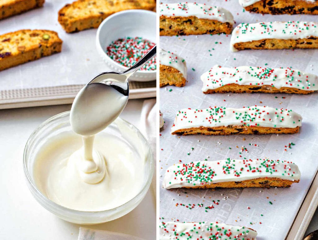 stirring melted white chocolate in a bowl; biscotti dipped in chocolate with sprinkles on a baking sheet.