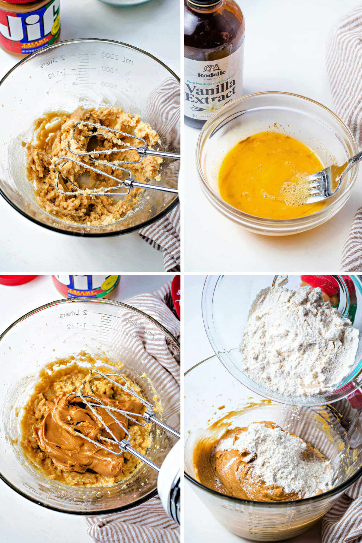 process steps for making peanut butter cookie dough: cream butter and sugar; mix vanilla into egg; beat in peanut butter; stir in flour.