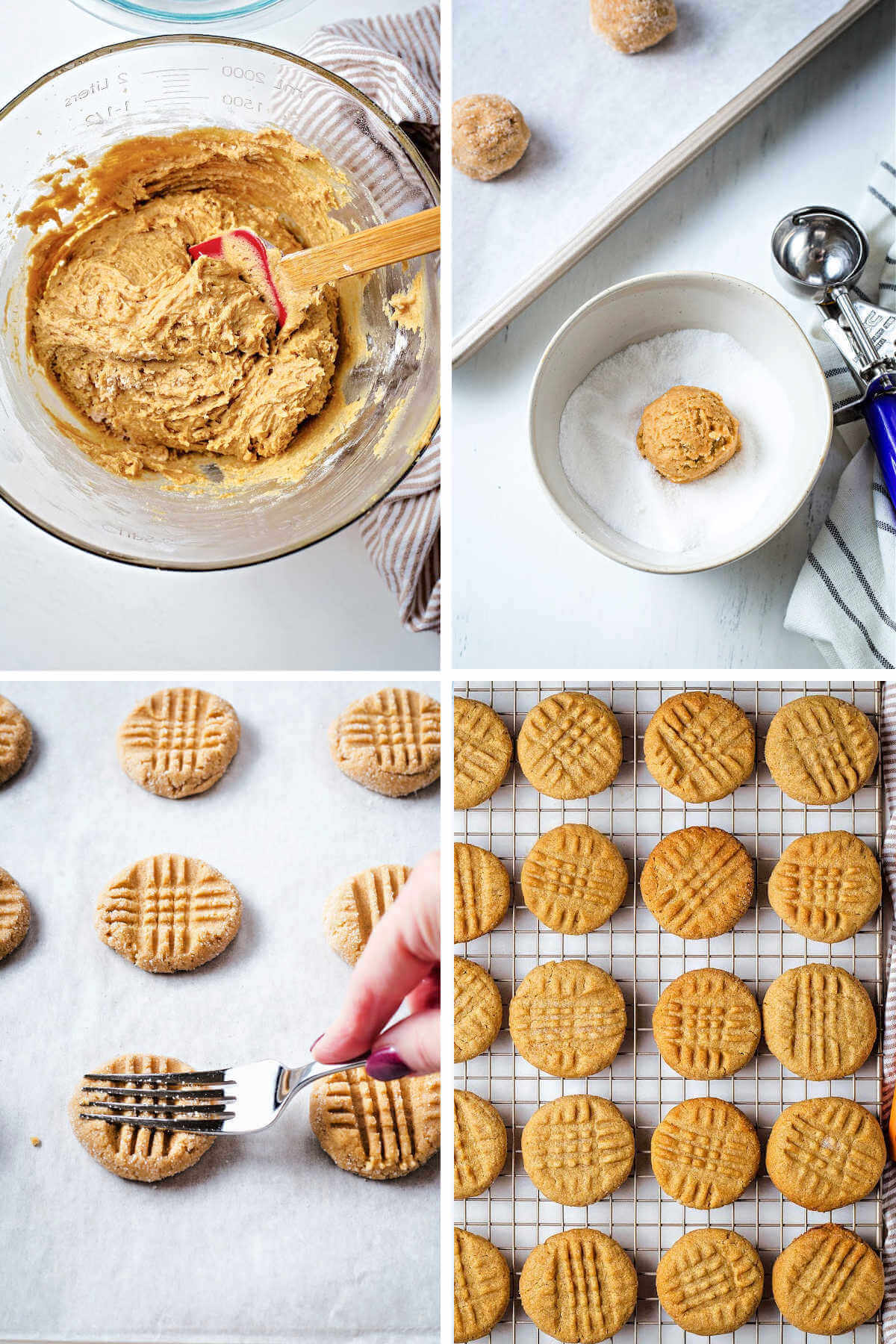 rolling peanut butter cookie dough balls in sugar; pressing pattern into dough with a fork.