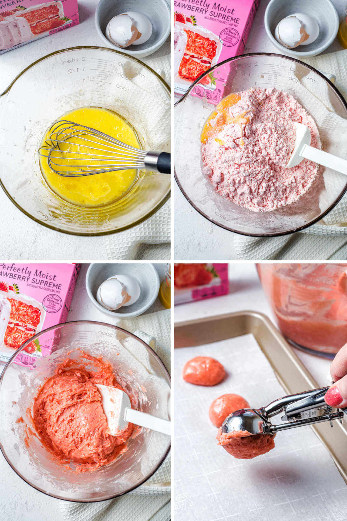 whisking together the ingredients in a bowl for 3-ingredient strawberry cake mix cookies.