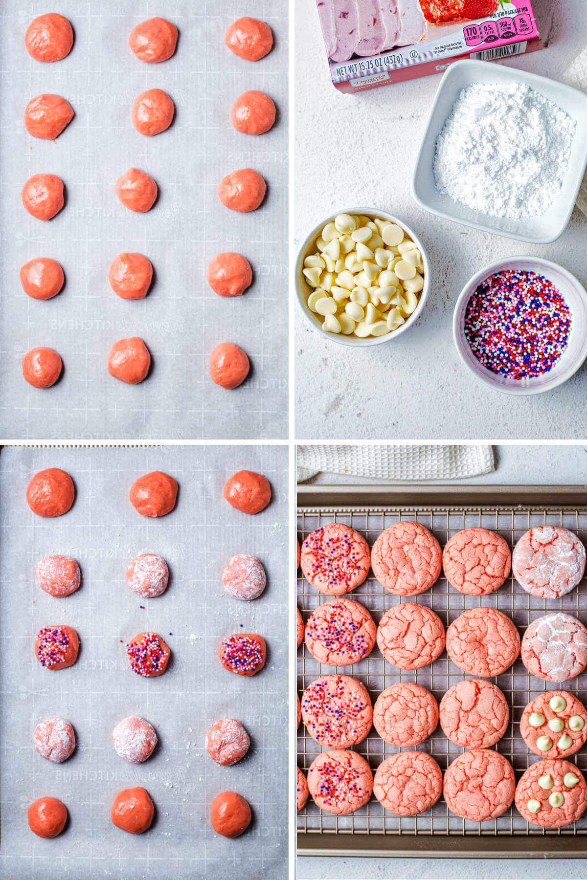 strawberry cake mix cookie dough balls on a baking sheet.