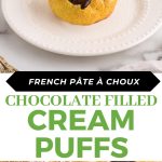 Cream Puffs with Chocolate Custard on a white plate with powdered sugar.