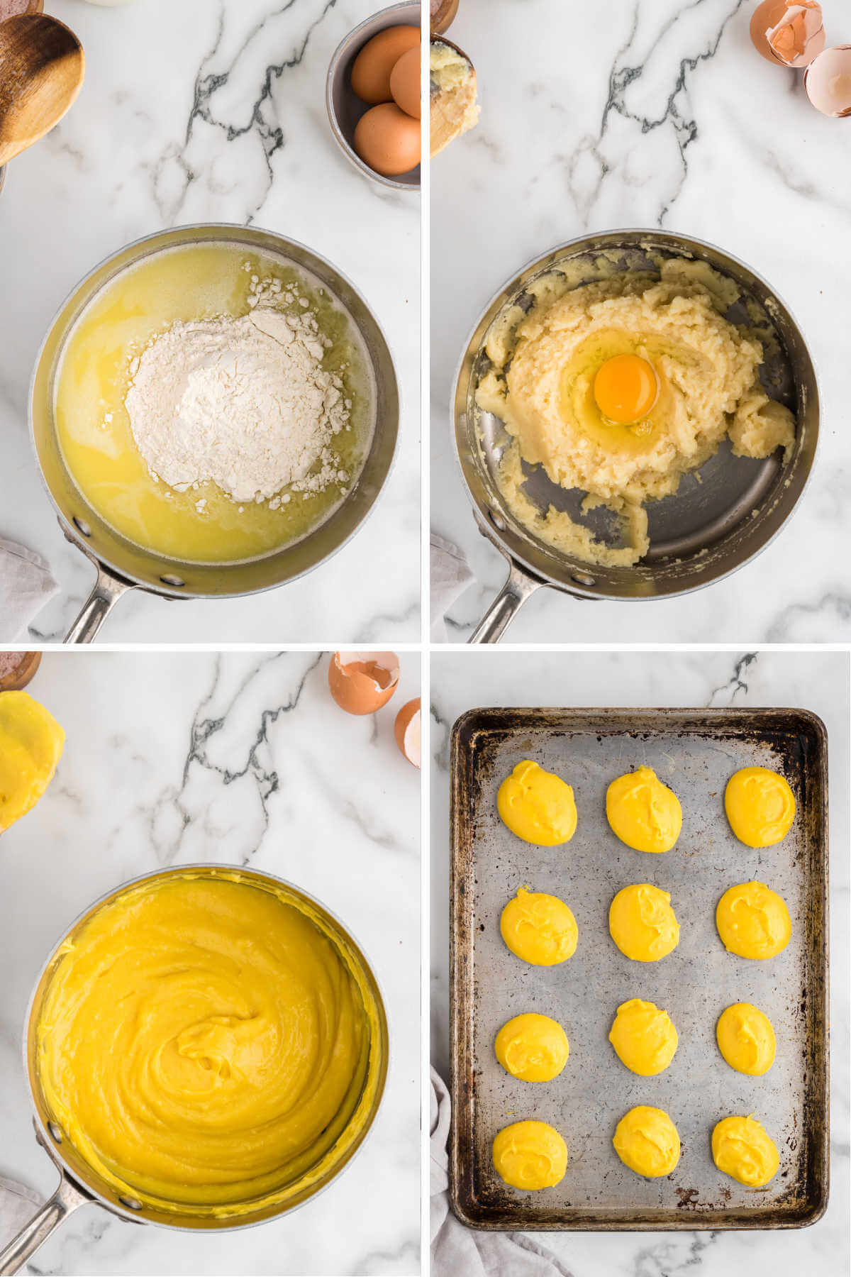 process steps for making pastry dough for cream puffs; cook the dough and drop by spoonfuls on a baking sheet.