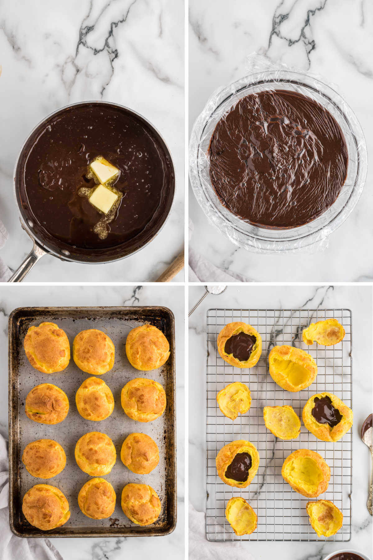 adding butter and vanilla to cooked custard; filling the puffs with the custard.