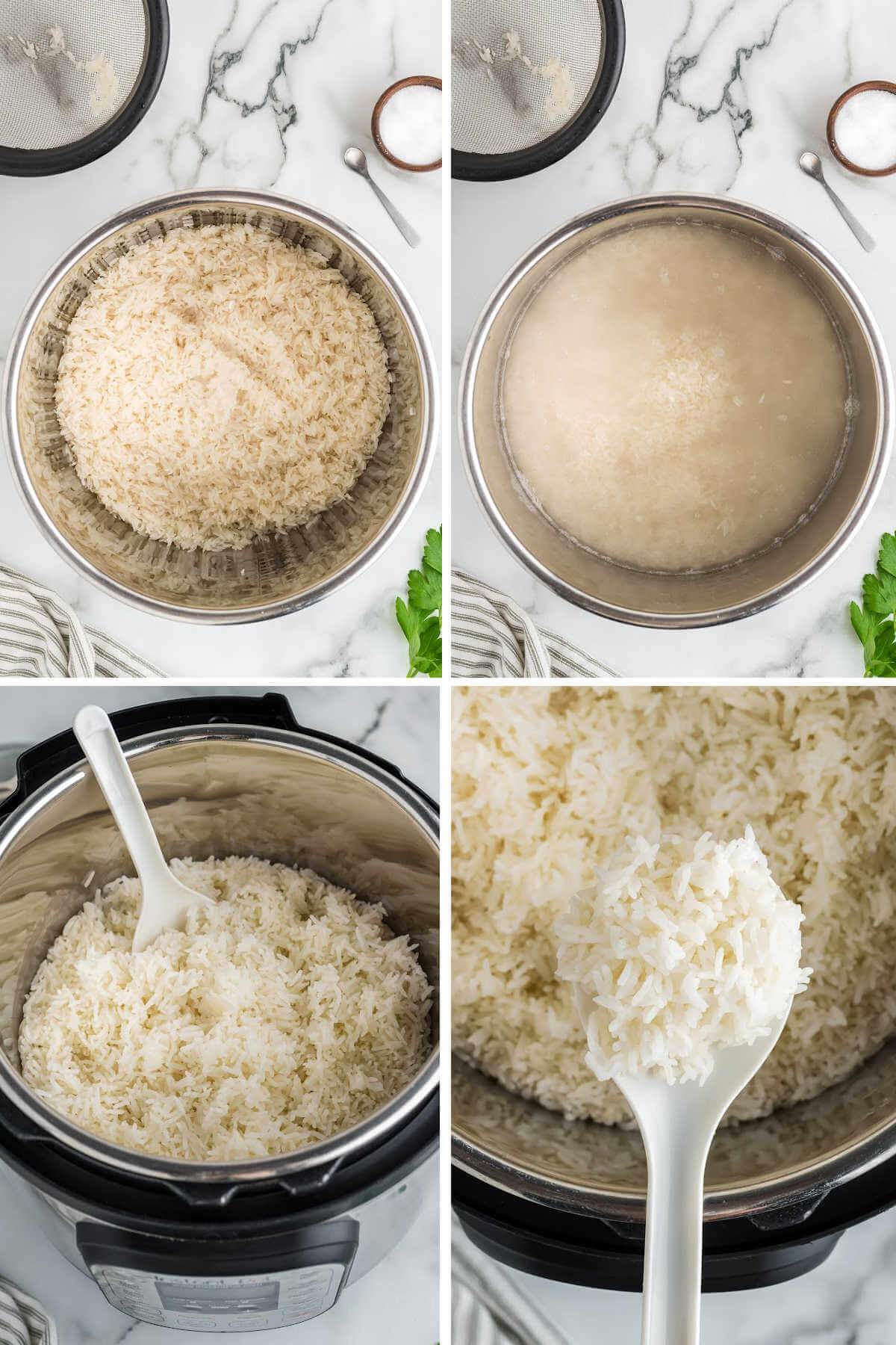 rice and water in an instant pot; cooked rice fluffed in an instant pot.
