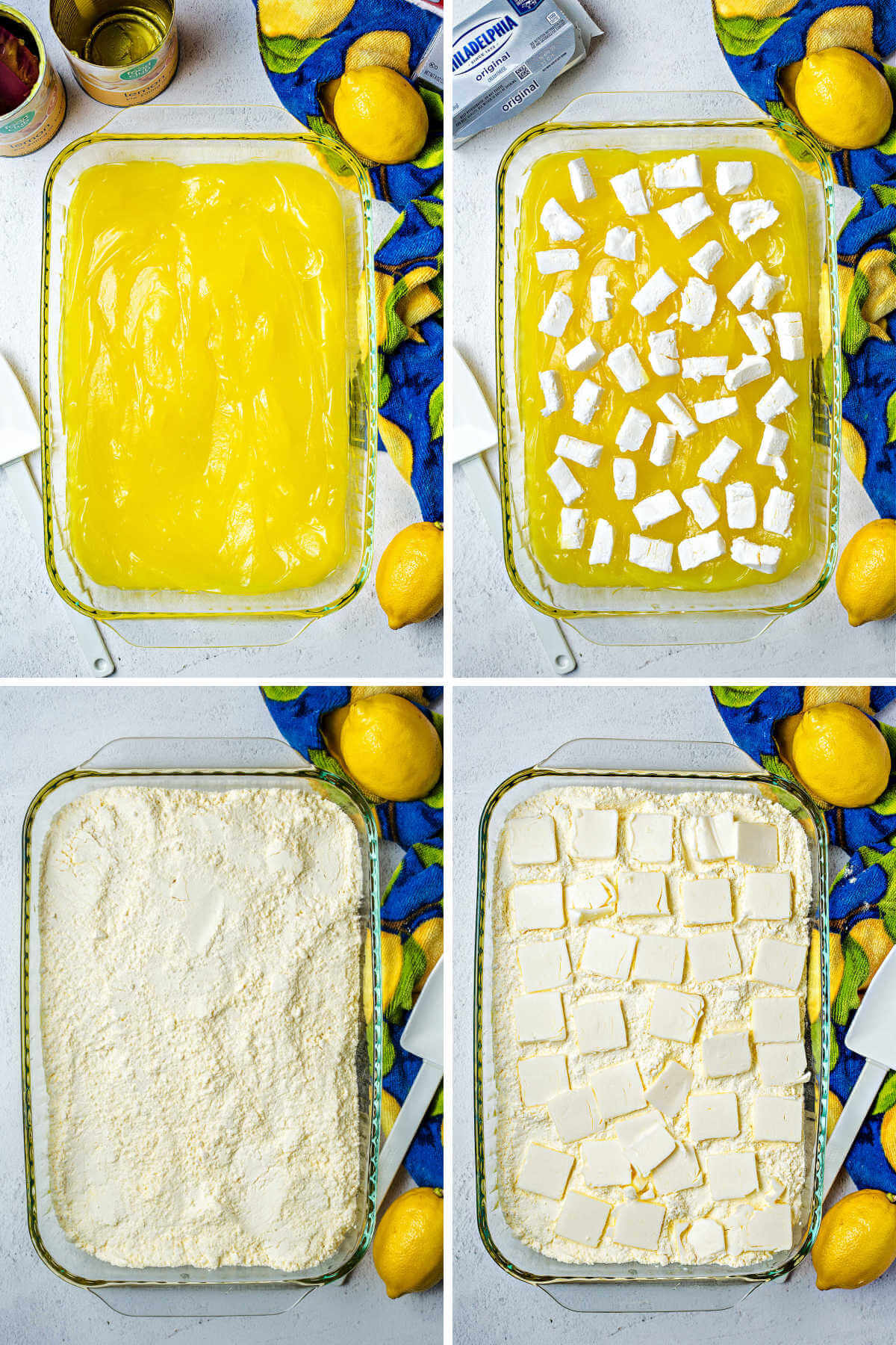 process steps for layering lemon dump cake in a pan: pie filling, cream cheese, cake mix, butter.