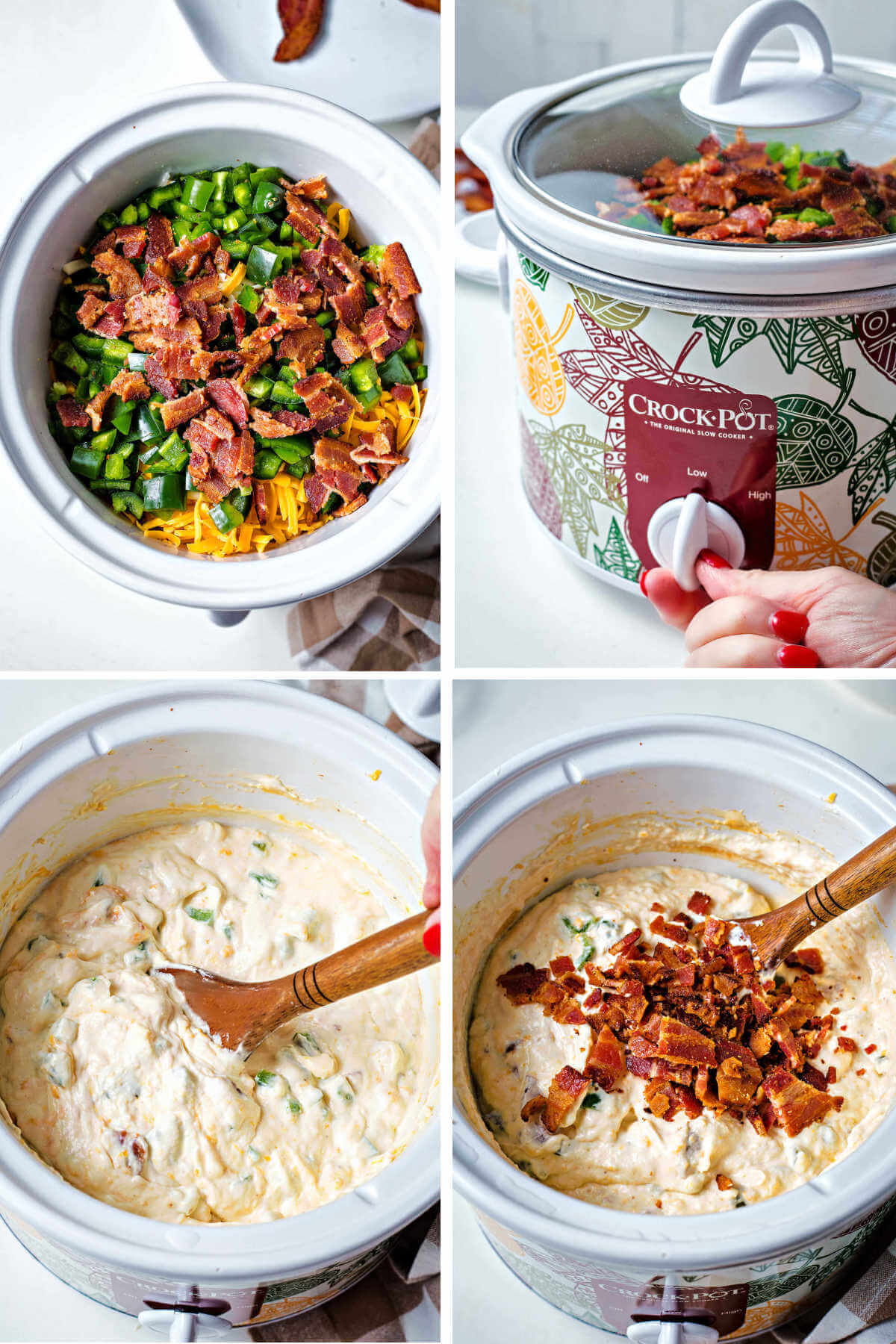 bacon and jalapeno peppers added to a slow cooker with cream cheese; setting the slow cooker to low temperature cooking.