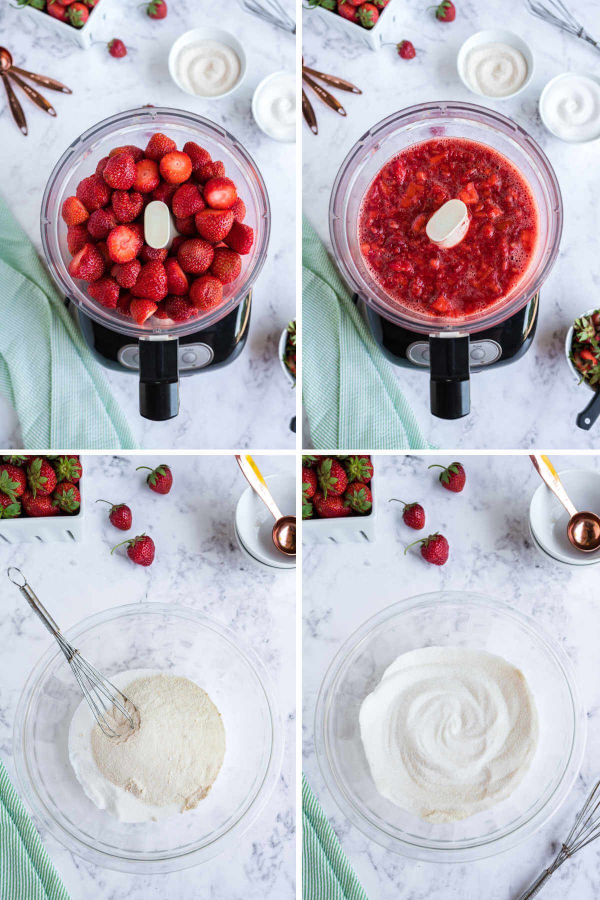 chopping strawberries for strawberry jam in a food processor.