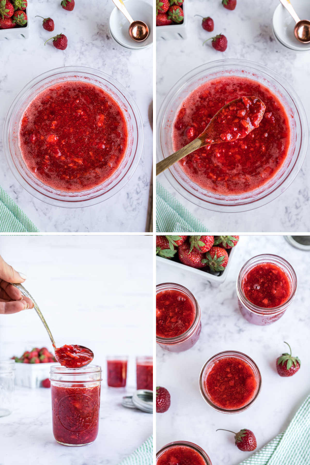 mixing the ingredients for strawberry jam in a bowl and ladling into jars for freezing.