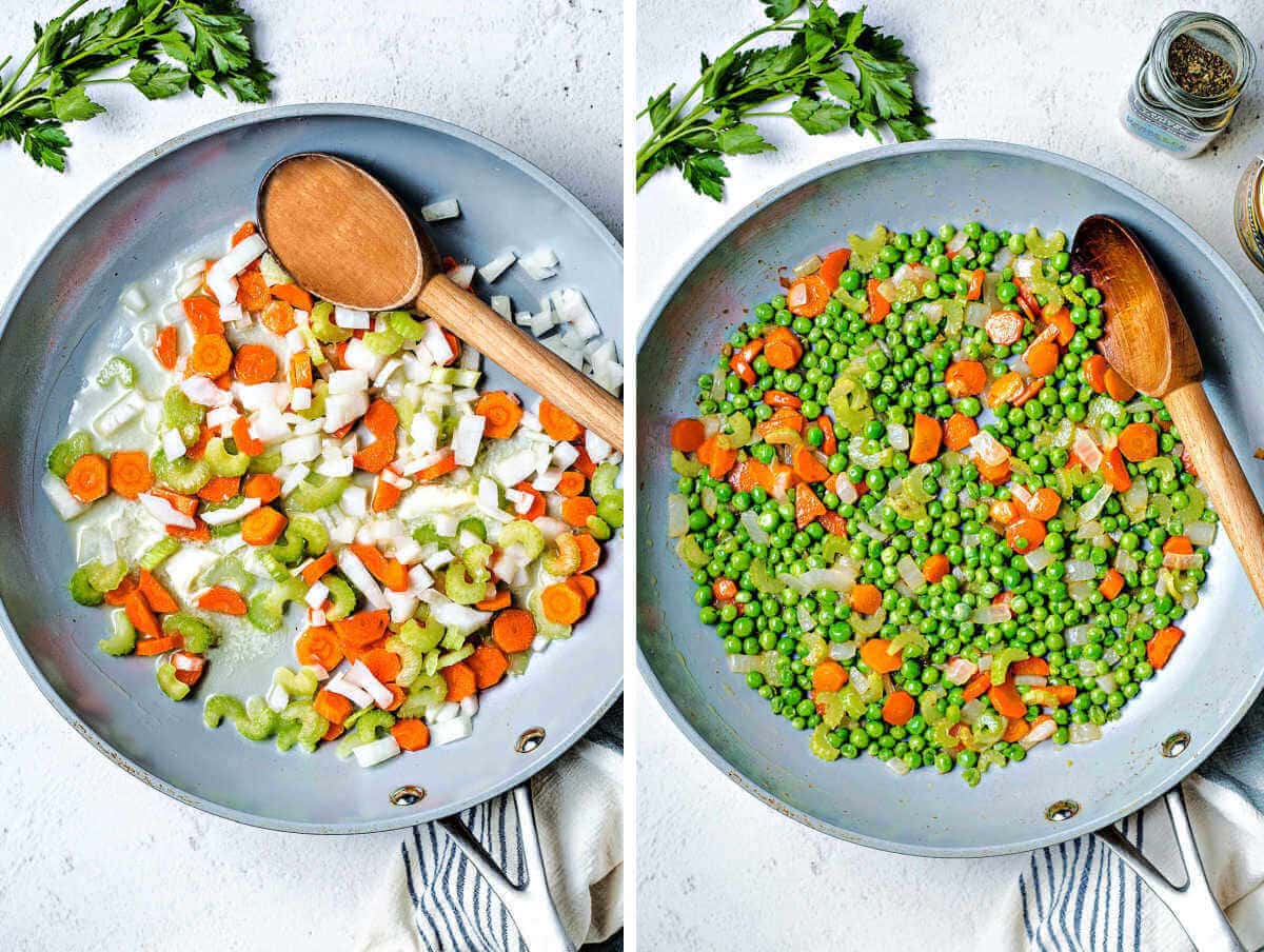 Sauteeing vegetables for chicken pot pie in a skillet.