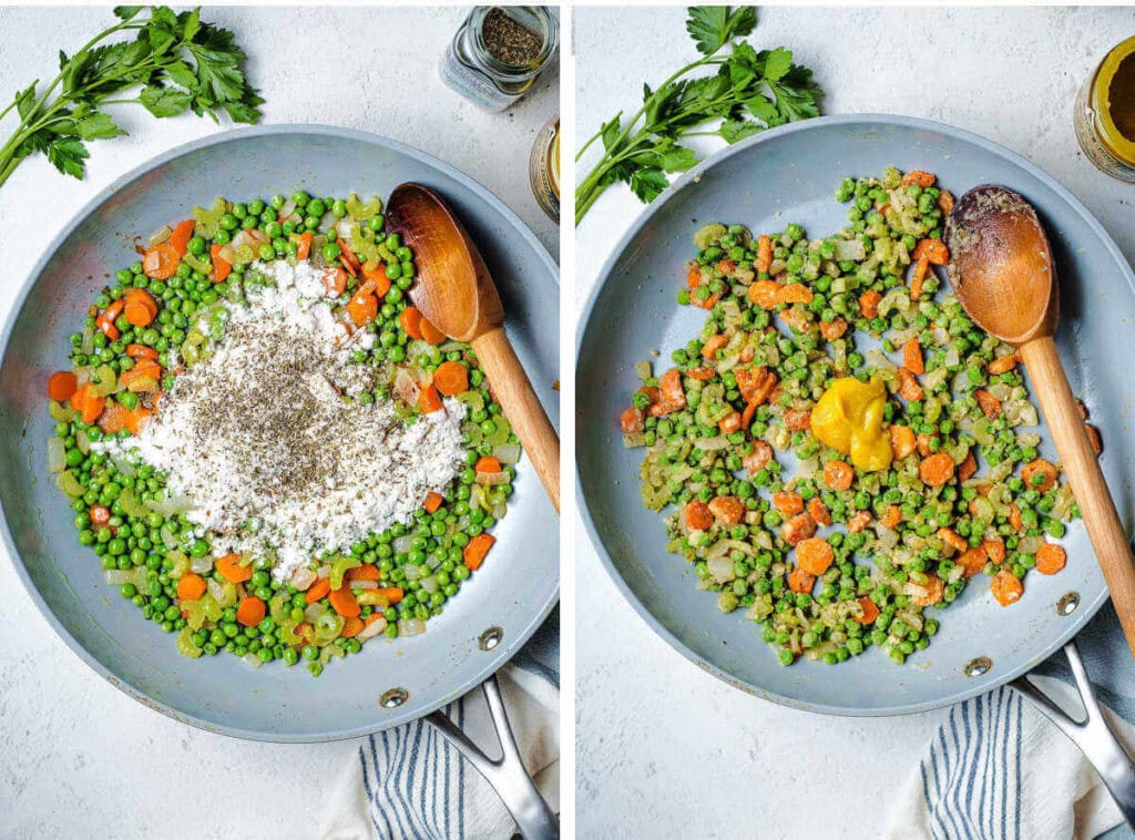 Adding flour and seasonings to a skillet of peas and carrrots.