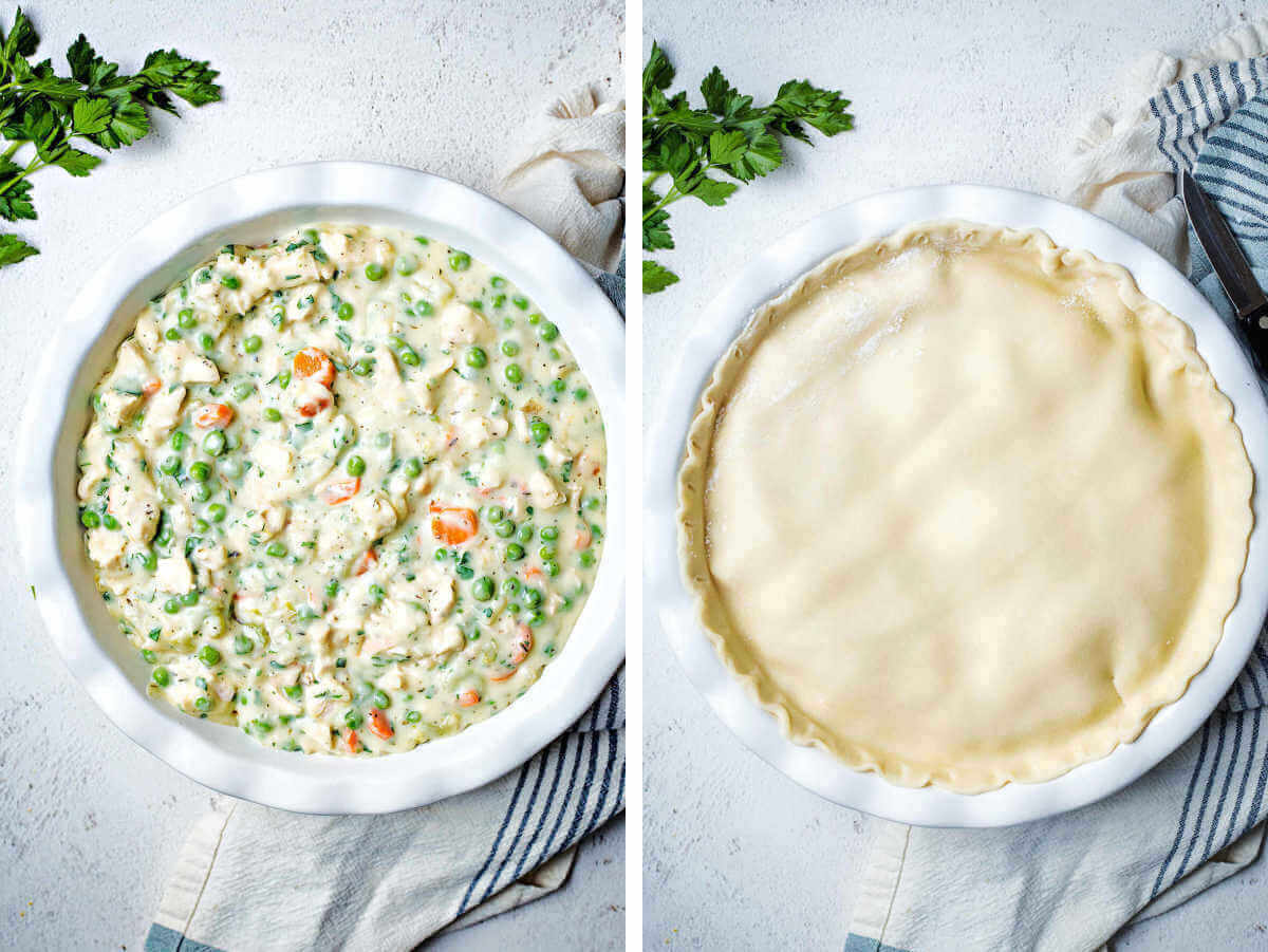 putting pie dough over the filling in a pie plate for chicken pot pie