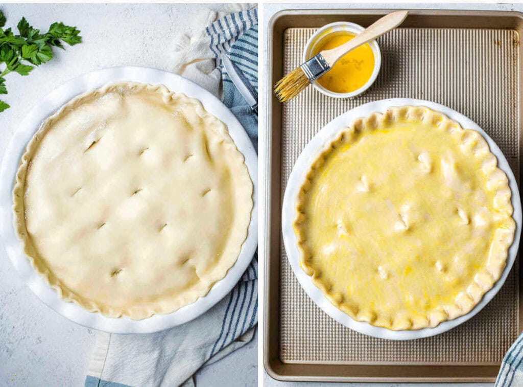 Brushing it with an egg wash on top of chicken pot pie ready for the oven.