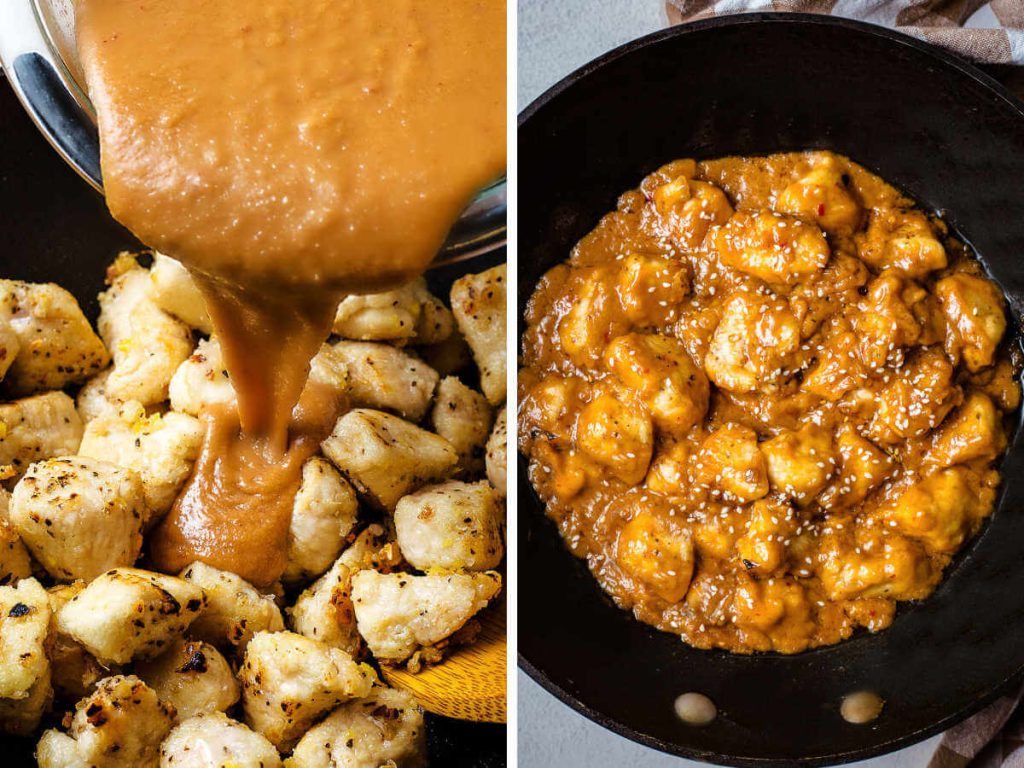 pouring peanut sauce on top of chicken in a wok.