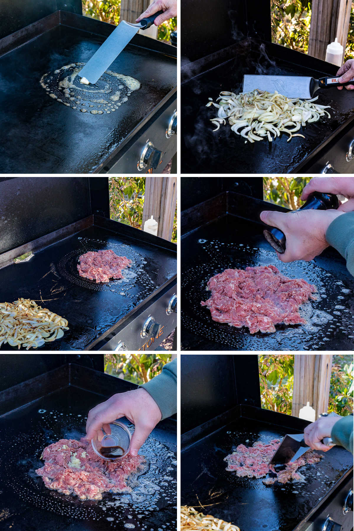 process steps for making Philly cheesesteak on a blackstone riddle. First, cook onions and season the beef.