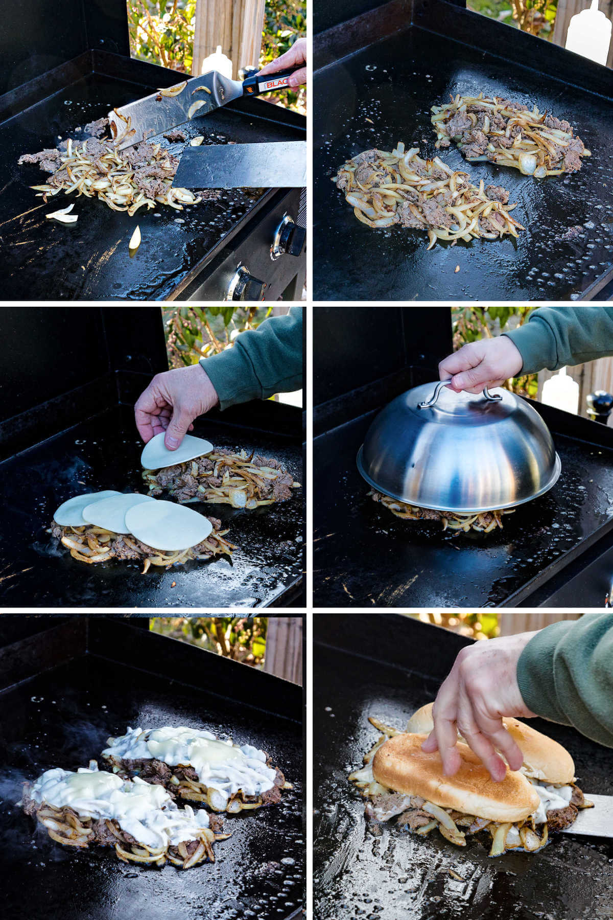 process steps for making Philly cheesesteak on a blackstone riddle. place cheese on top of beef and onions; steam under a dome to melt cheese.