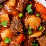 Instant Pot Beef Stew in a white bowl.