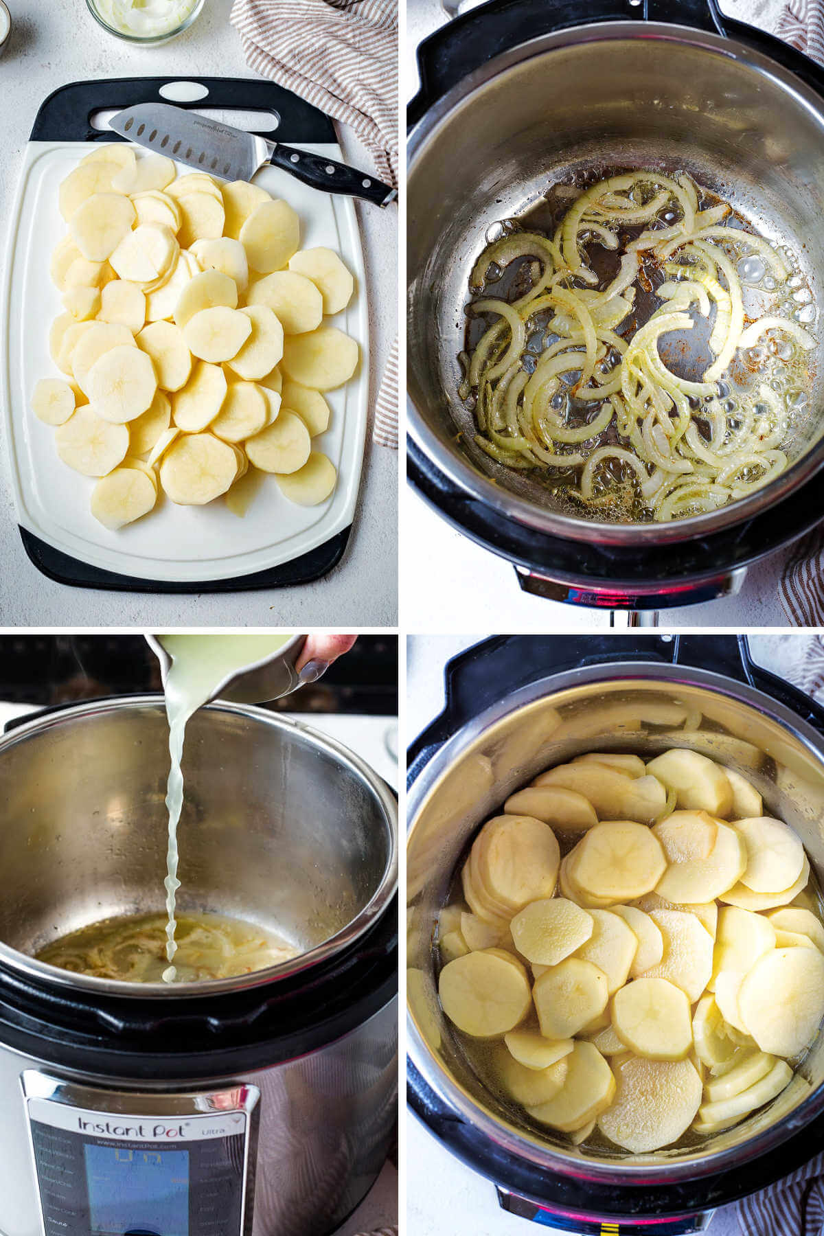 potatoes peeled and sliced on a cutting board; sauteing onions in an instant pot; potatoes layered into the instant pot for cooking with chicken broth.