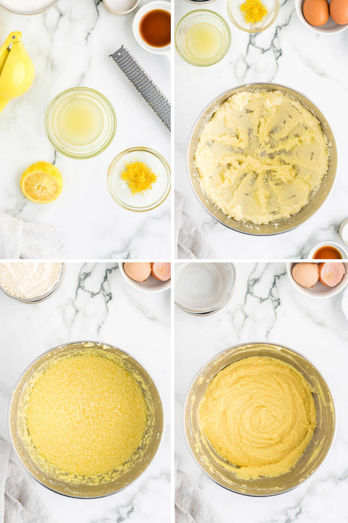 process steps for mixing the batter for lemon ricotta cake prior to baking.
