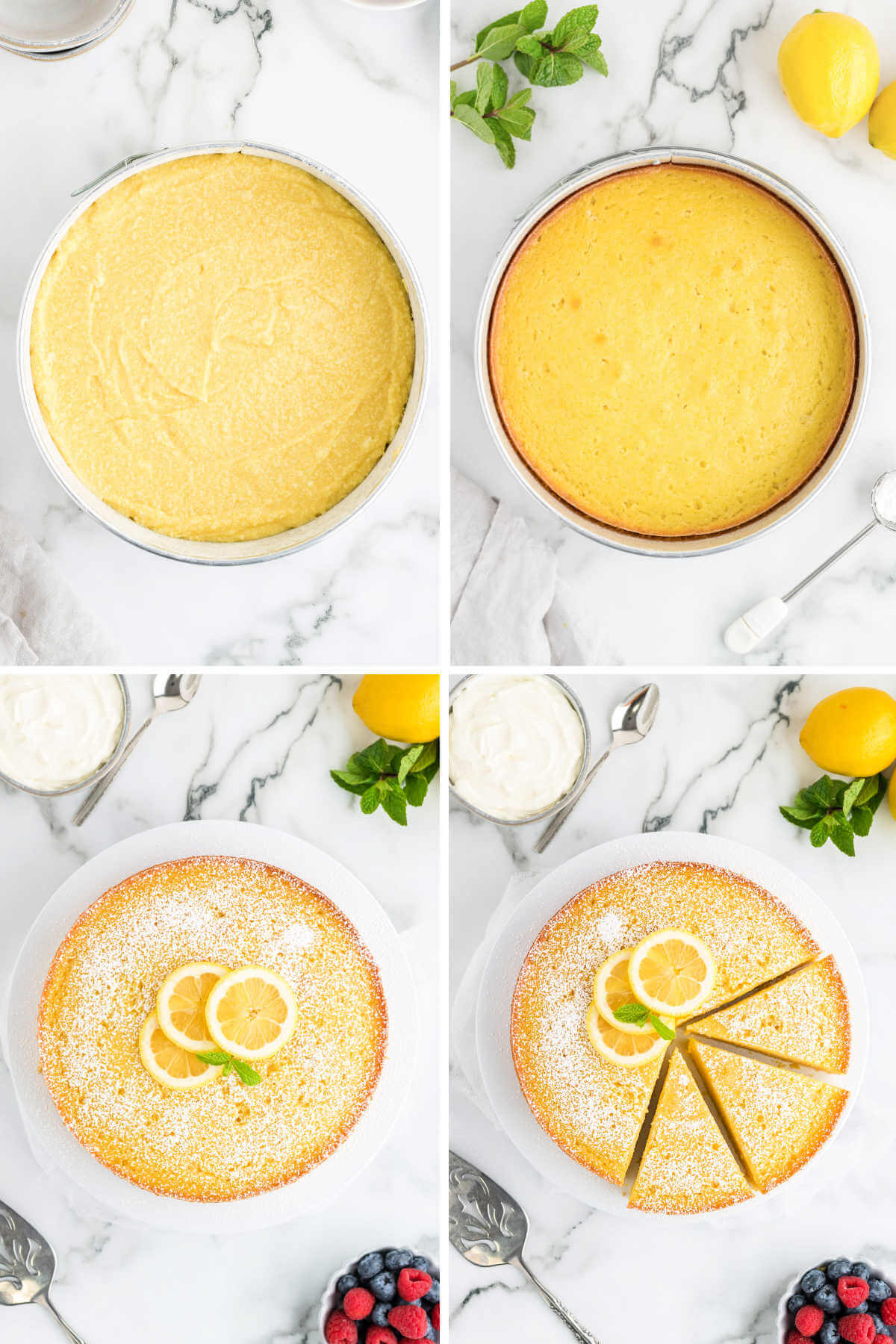 a freshly baked lemon ricotta cake dusted with powdered sugar and garnished with lemon slices.
