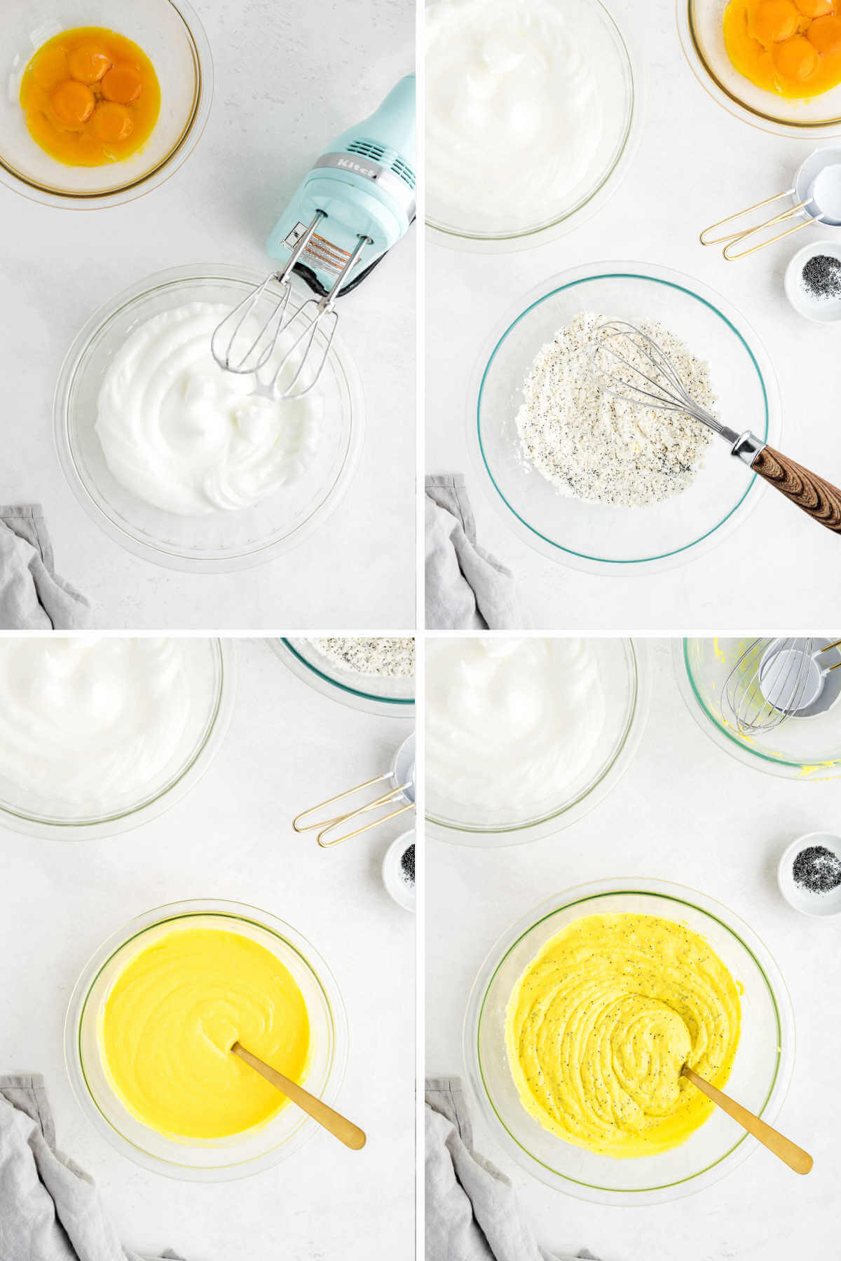 preparing batter for lemon ricotta pancakes; whisking egg whites, mixing dry ingredients, mixing wet ingredients.