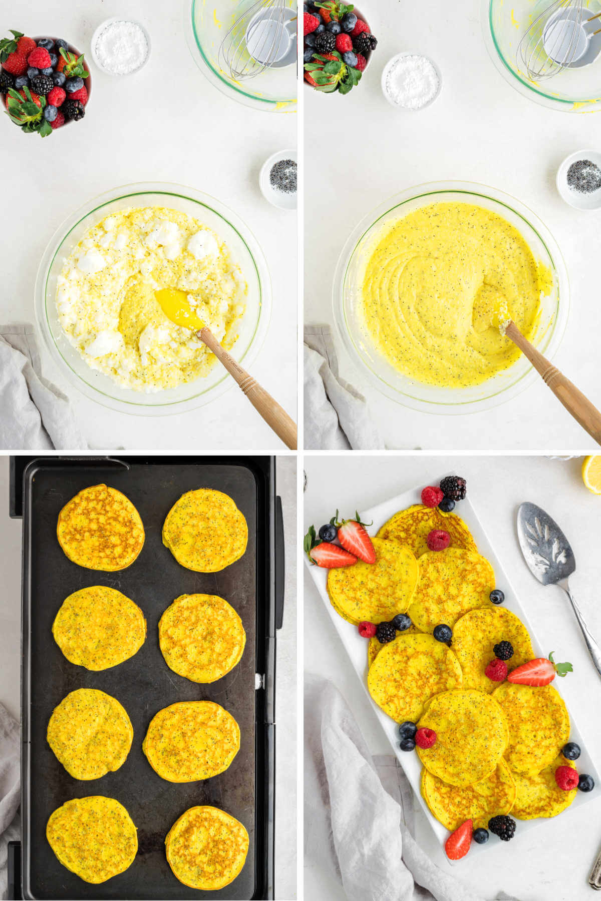 folding egg whites into batter for lemon ricotta pancakes; pancakes cooking on a griddle.