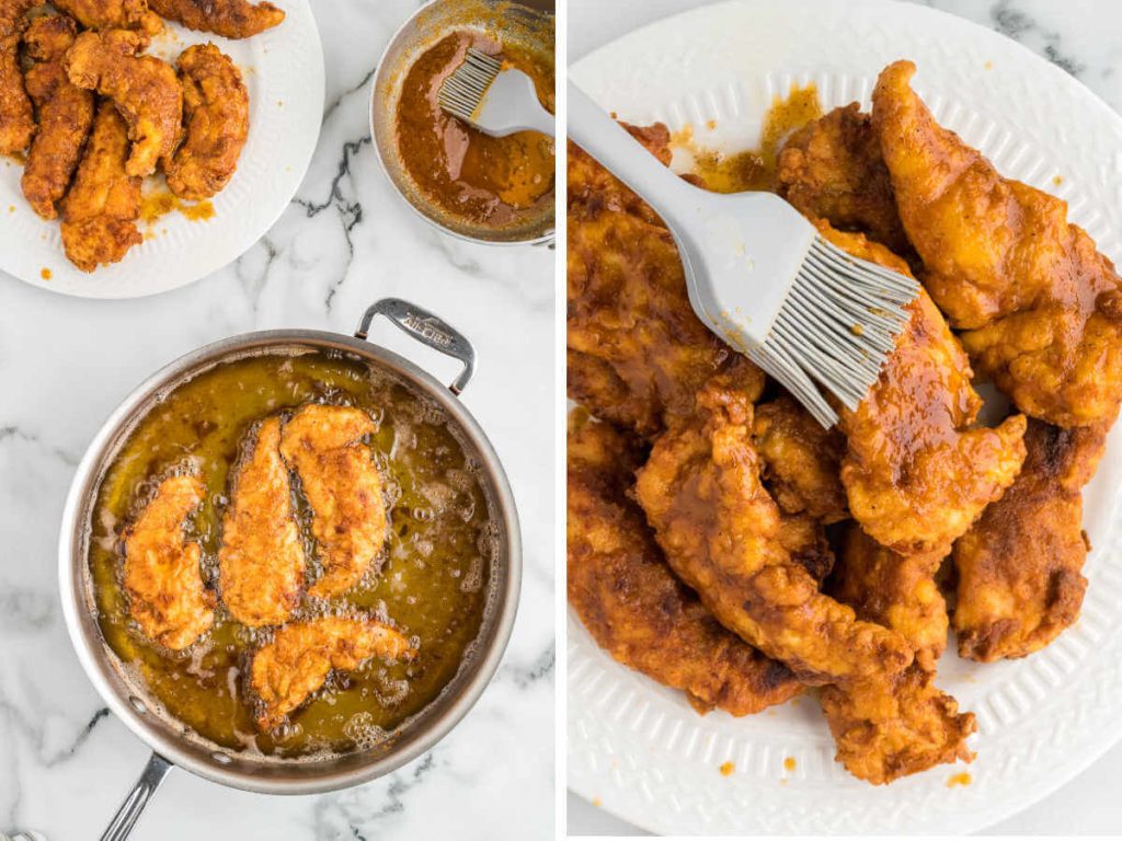 chicken tenders frying in oil in a skillet; brushing fried tenders with hot sauce.