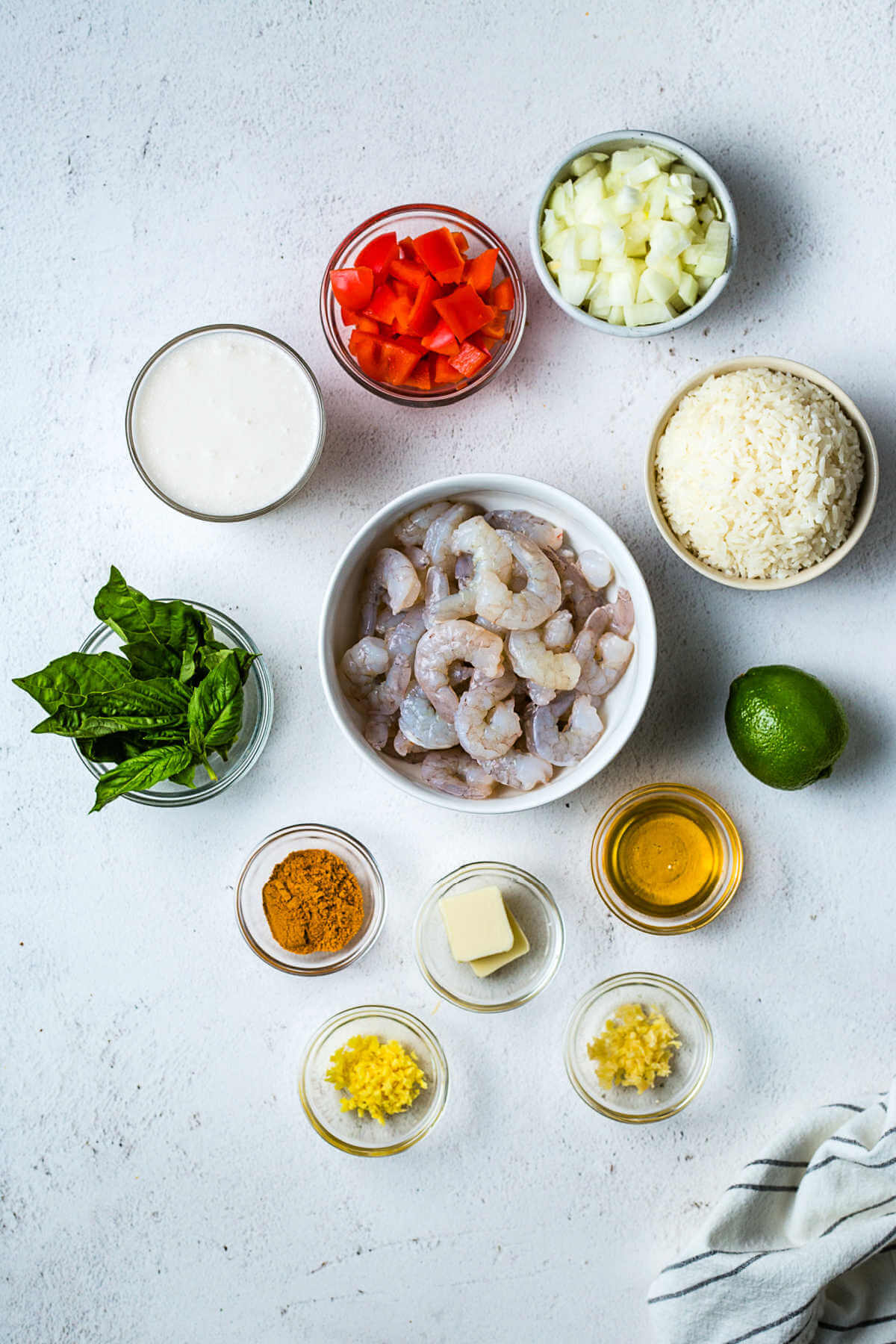 ingredients for shrimp curry on a table.