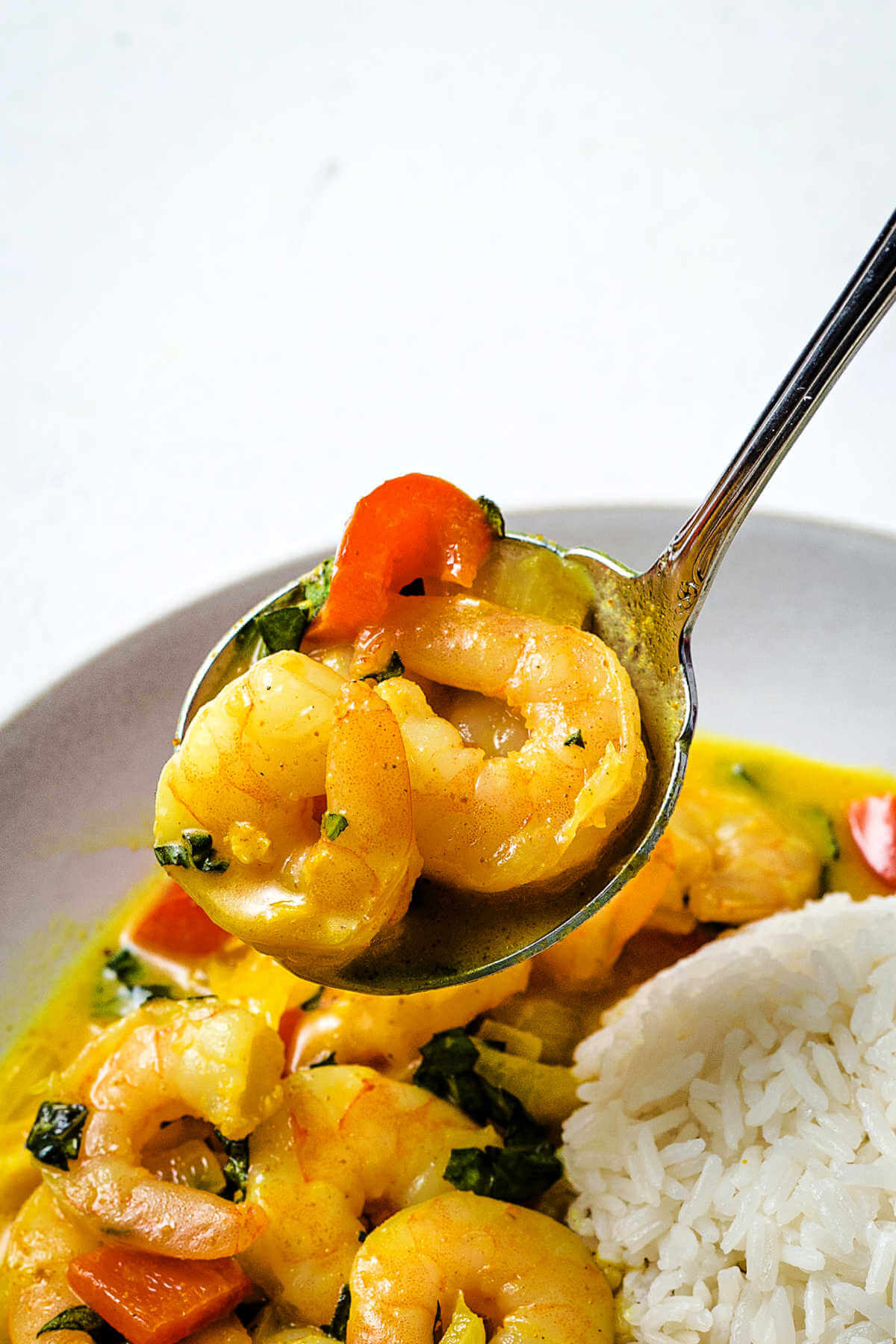 a ladle of shrimp curry being placed in a bowl with rice.