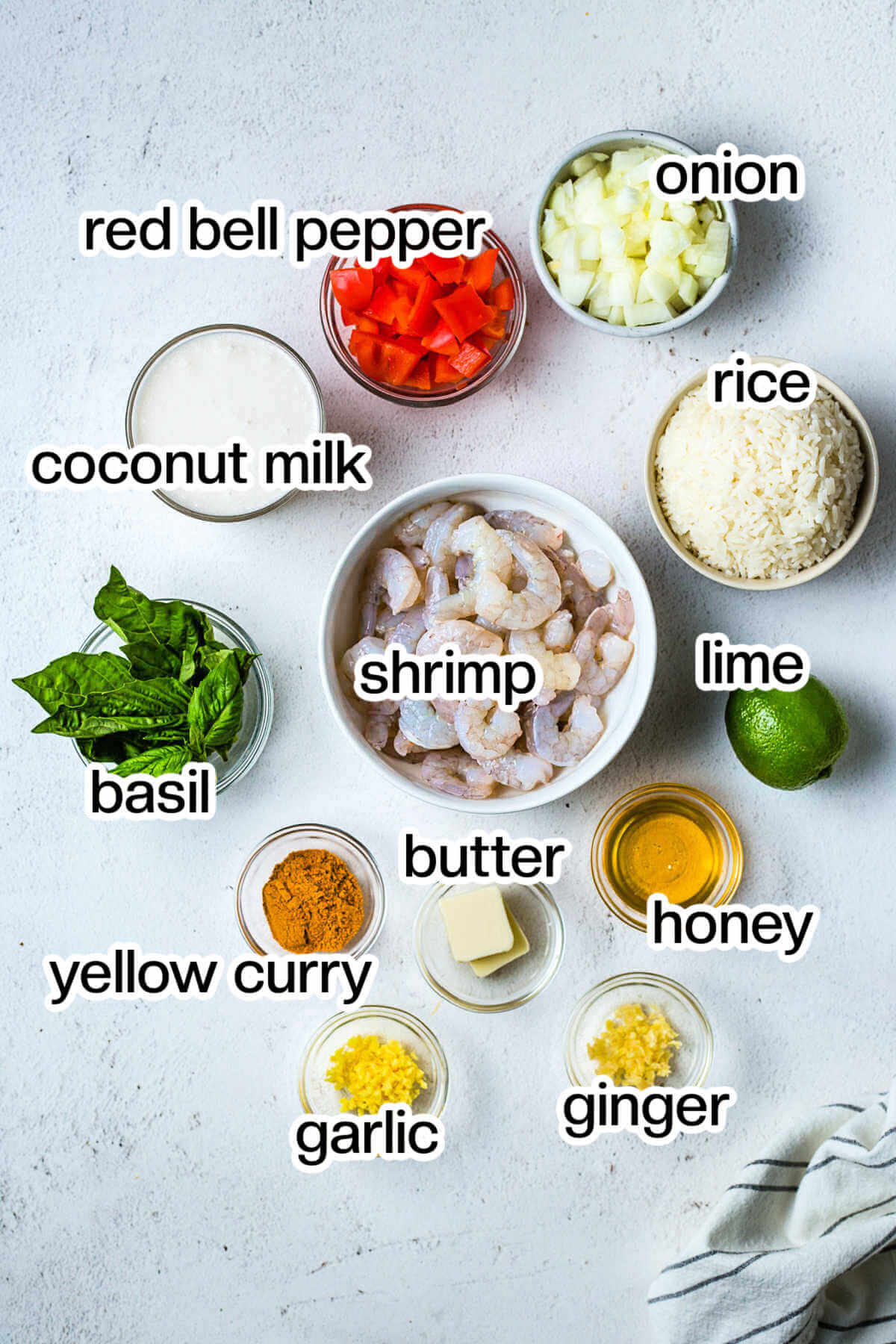 Ingredients for Coconut Shrimp Curry on a table.