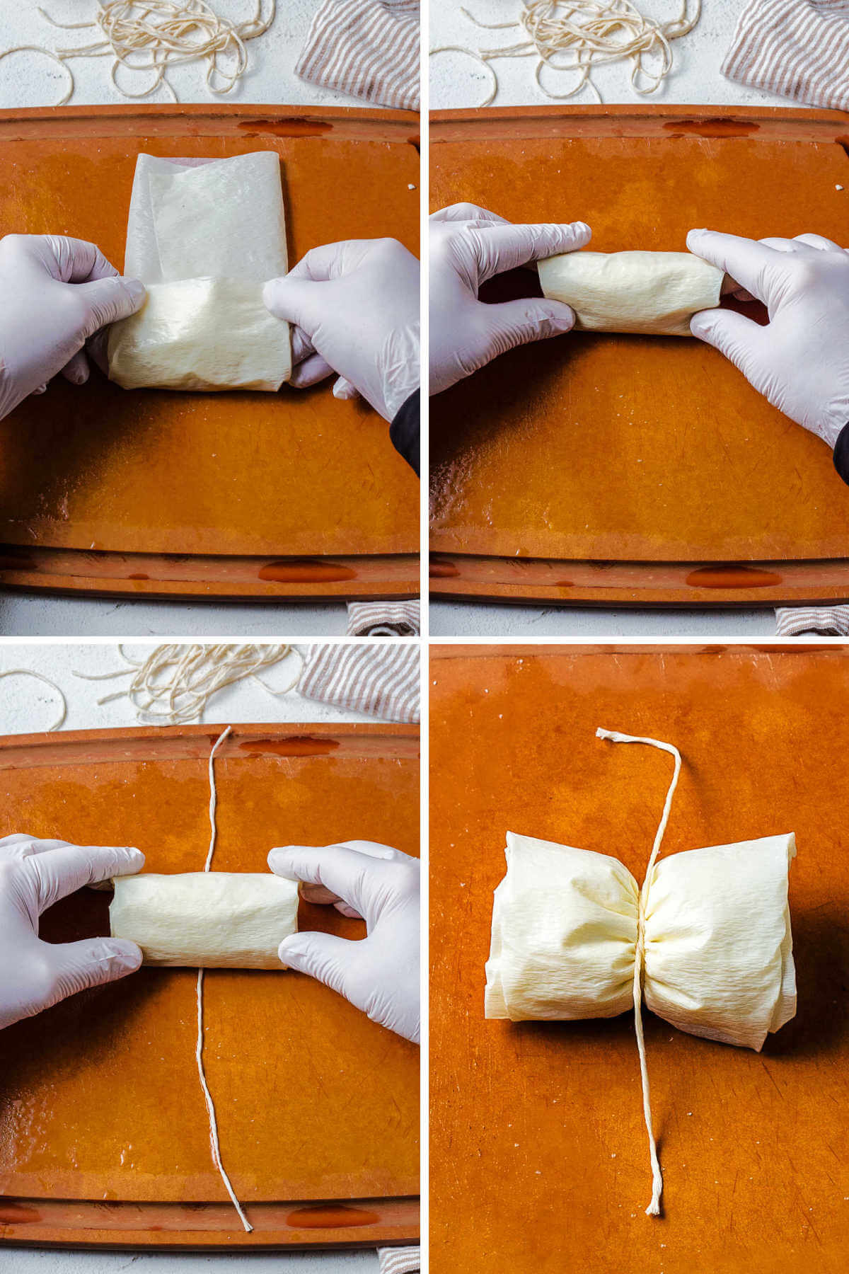 steps for wrapping and tying hot tamales.