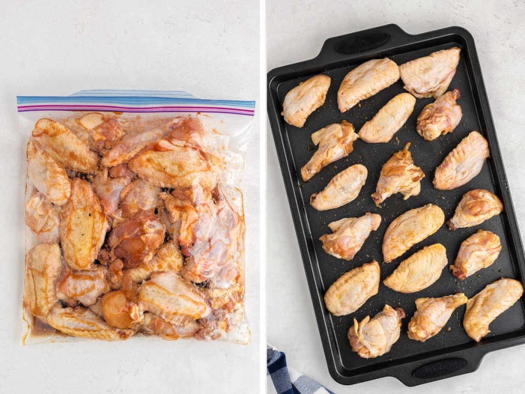 chicken wings marinating in a ziplock bag; chicken wings on a baking sheet.