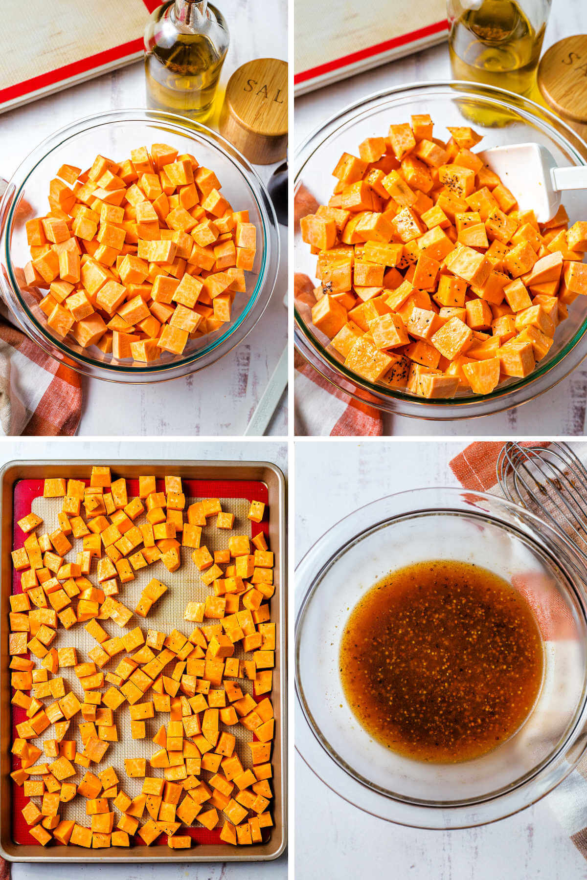 process steps for roasting sweet potatoes; maple vinaigrette in a bowl on a table.