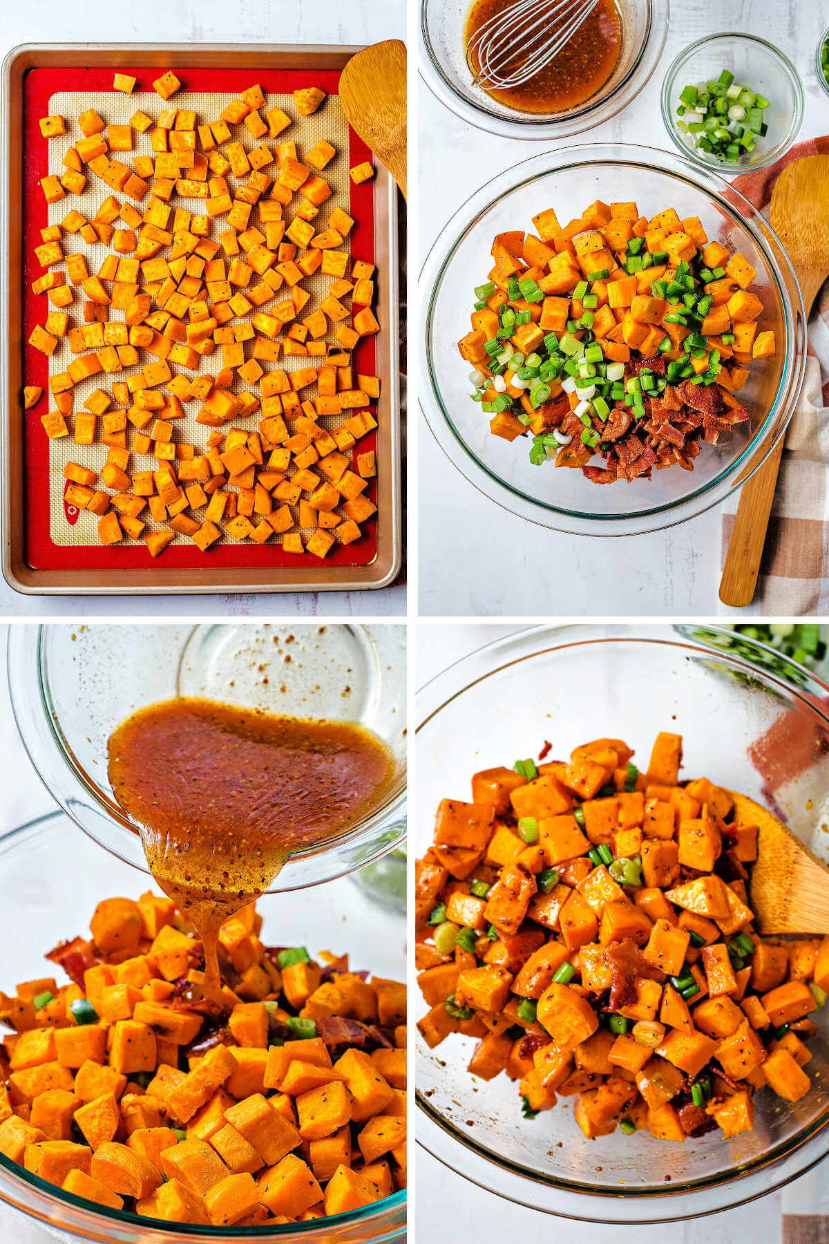 Roasted sweet potatoes in a bowl with vinaigrette being poured on top for sweet potato salad.