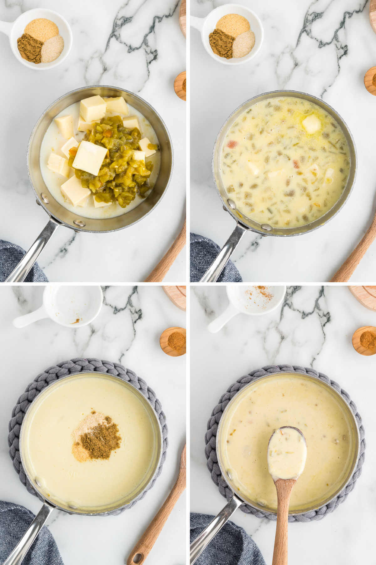 process steps for making white queso dip; melting cheese and adding spices.