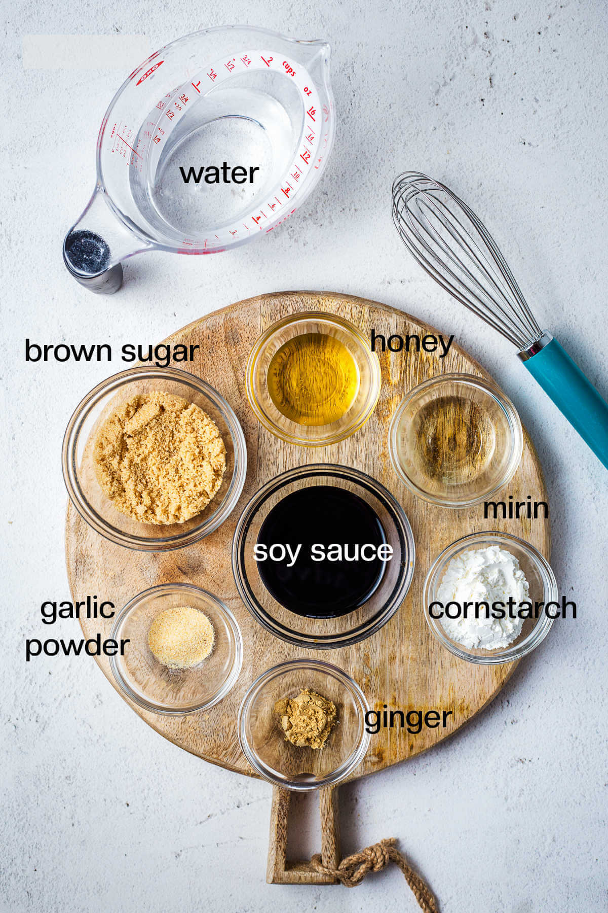 ingredients for homemade teriyaki sauce on a table.