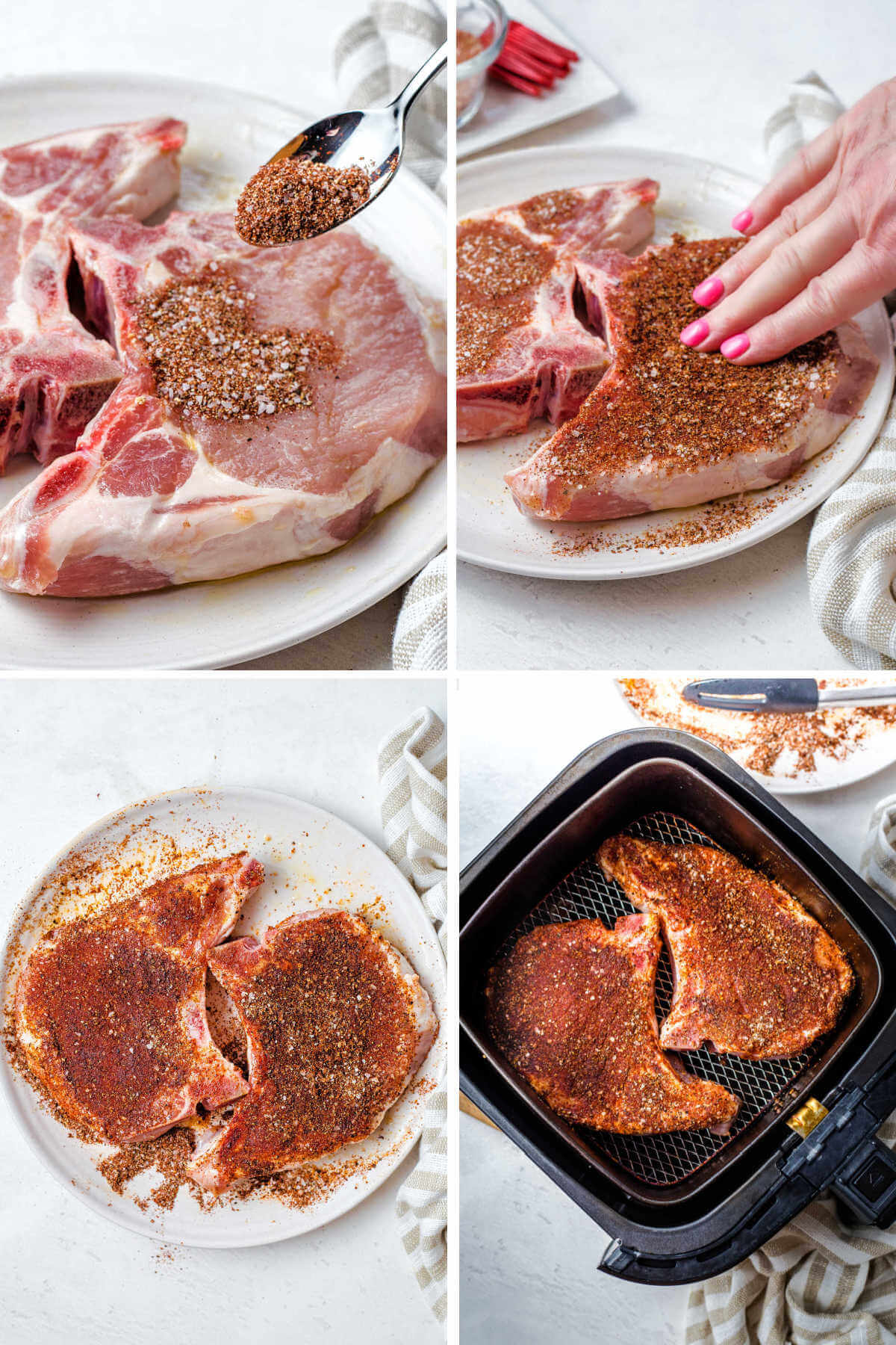 rubbing spices onto pork chops for cooking in an air fryer.