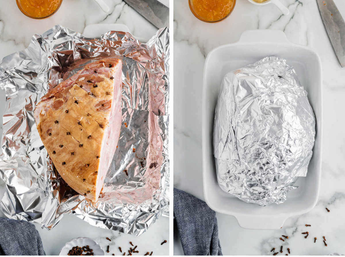 Wrapping hame in foil for baking a orange glazed ham.