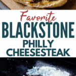 Philly Cheesesteak being prepared on a blackstone grill.