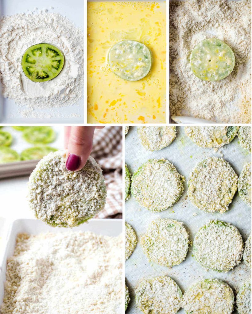 dredging green tomato slices in flour, egg, and panko breadcrumb mixture for frying.