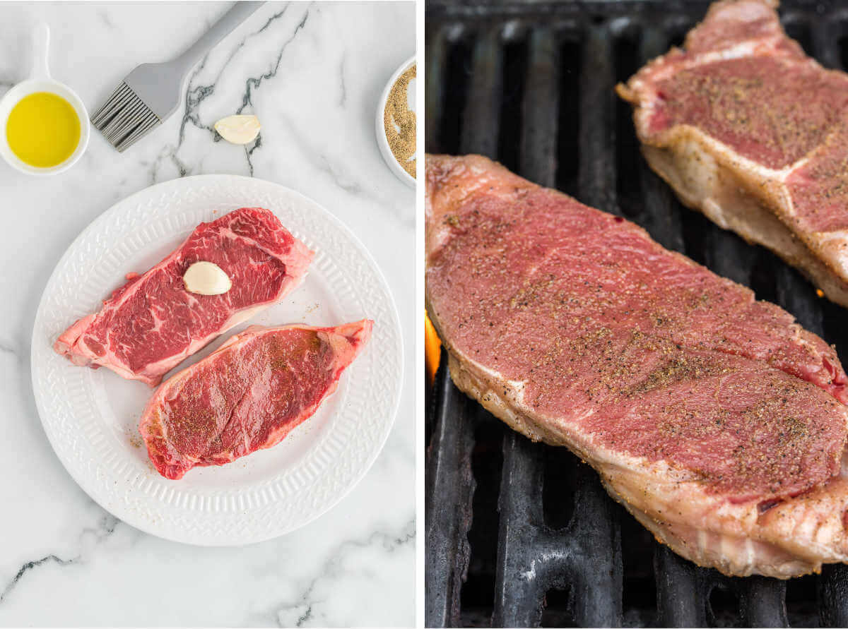 Side by side images of steaks being seasoned on a plate and on a grill.