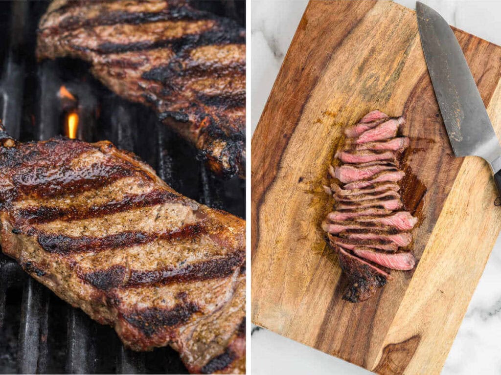 Side by side images of cooked steak and sliced steak on a cutting board.