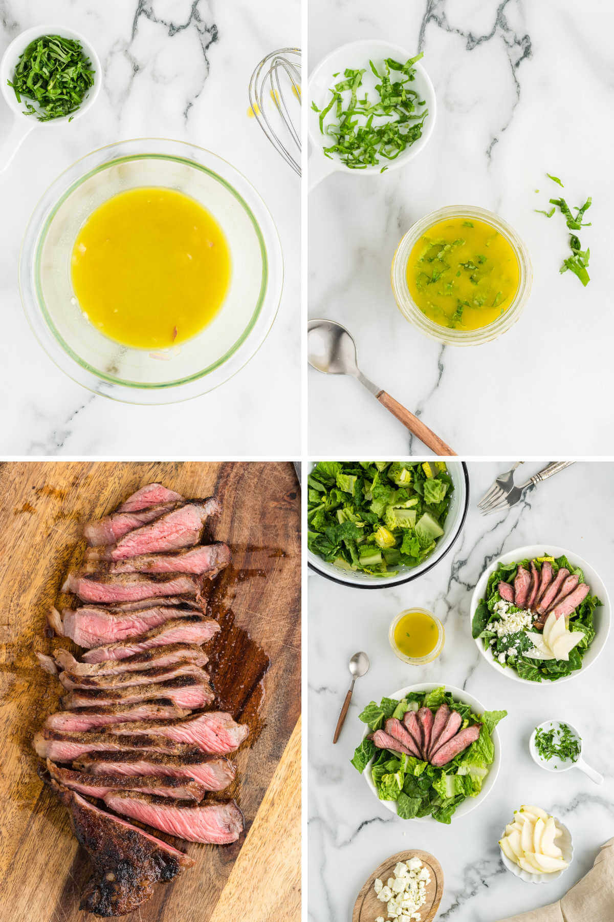whisking together ingredients for French vinaigrette and assembling a grilled steak salad in a white bowl.