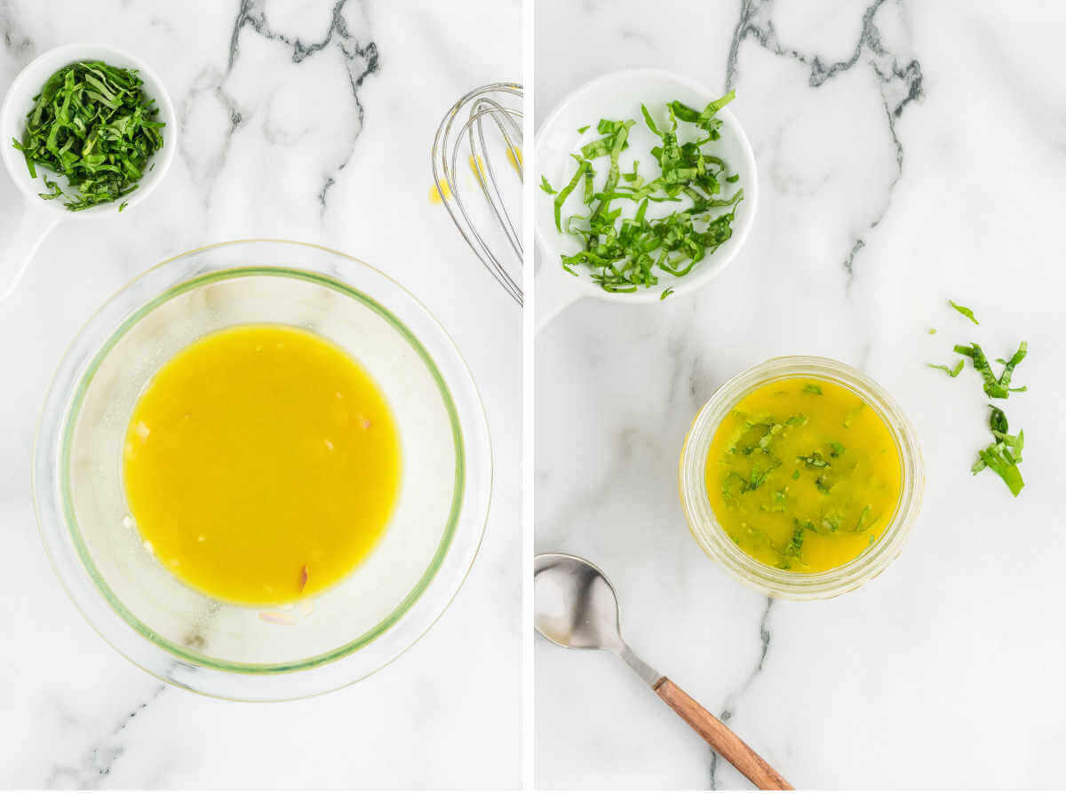 Side by side images showing a vinaigrette being prepared.