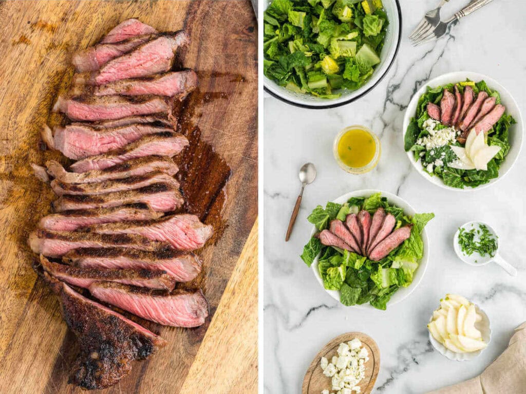 Side by side images showing assembled salads in bowls.