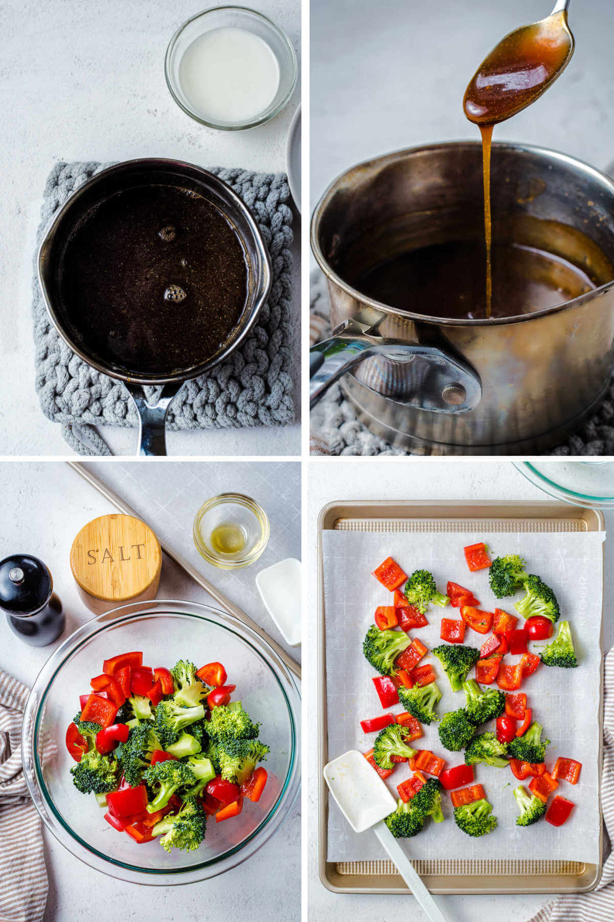 cooking homemade teriyaki sauce in a saucepan; vegetables on a baking sheet for roasting.