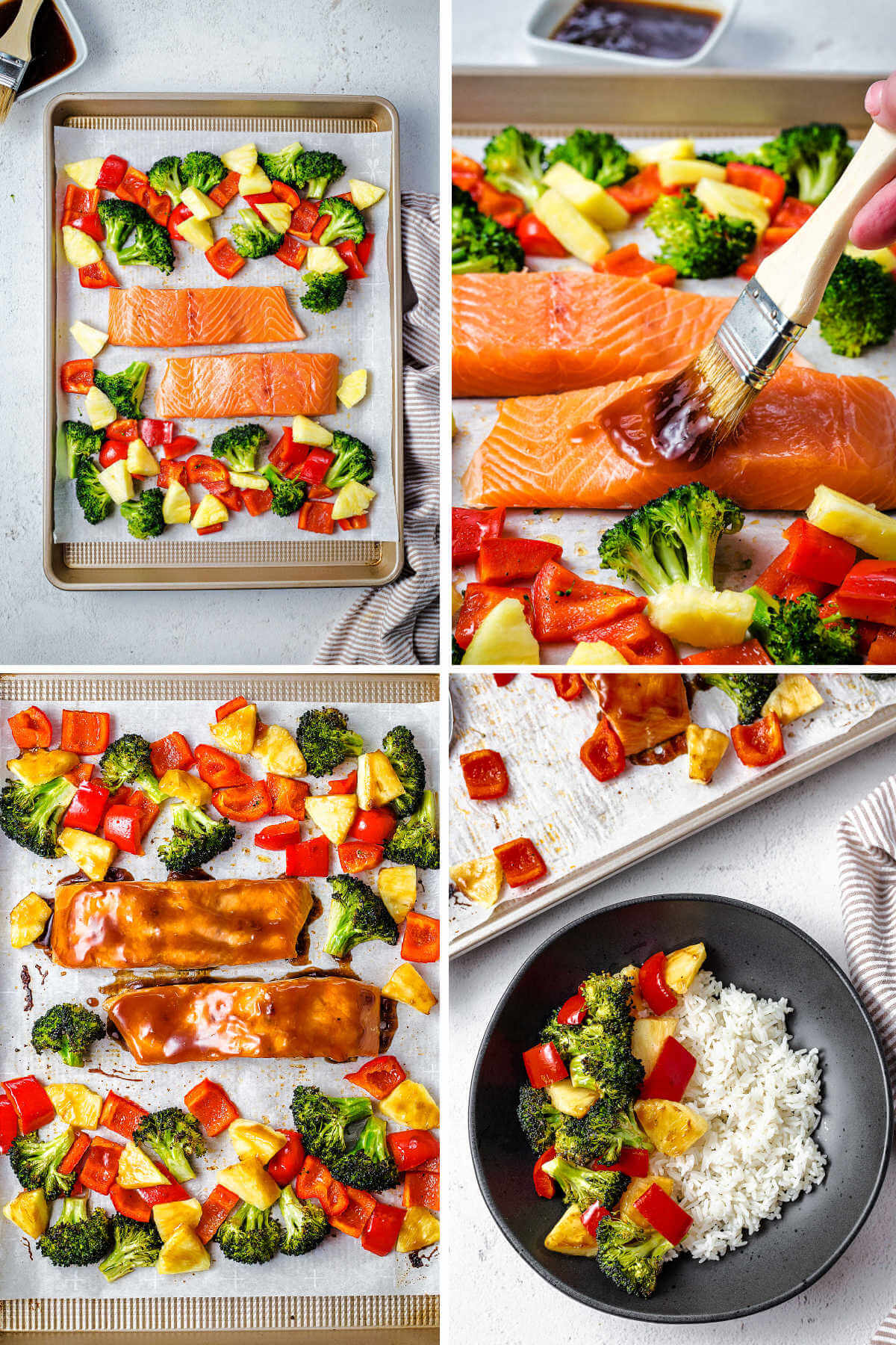salmon fillets on a baking sheet with vegetables; basting teriyaki sauce on salmon for baking.