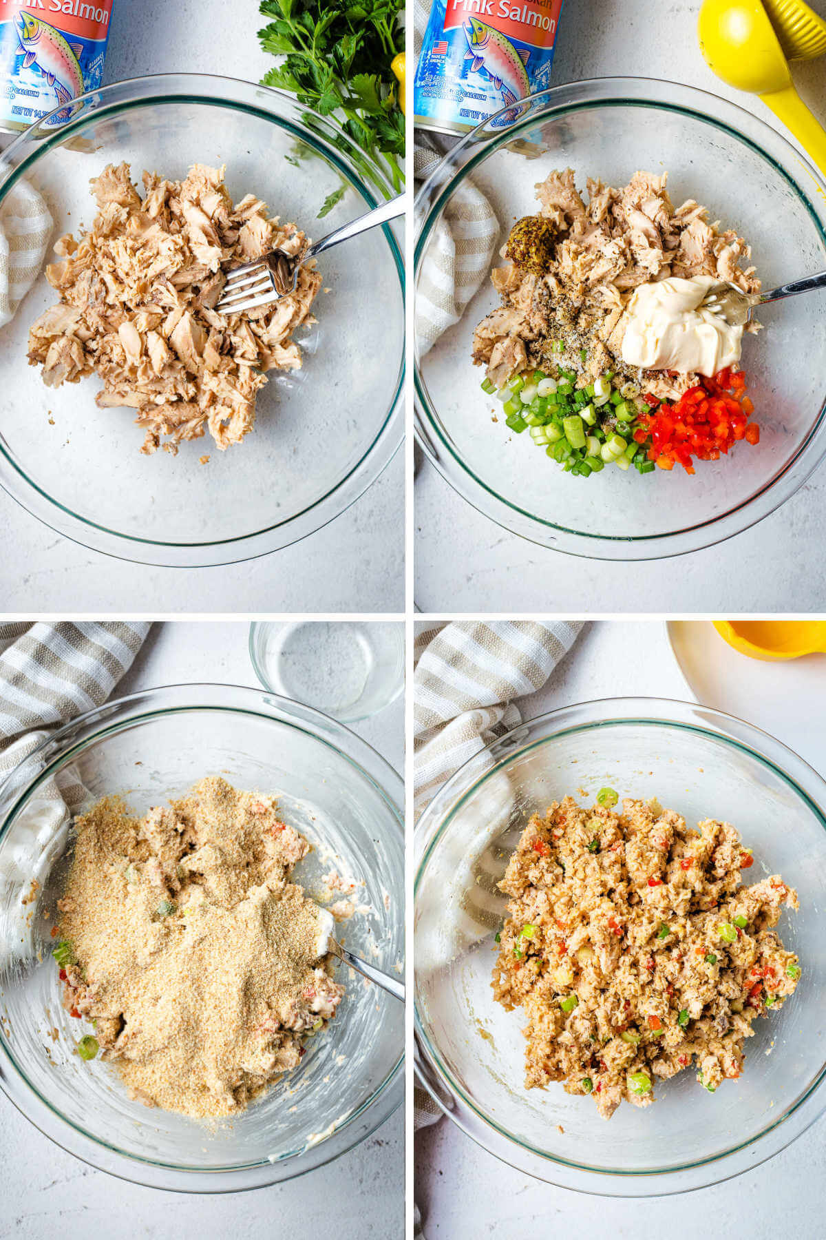 process steps for mixing together the ingredients for salmon croquettes in a glass bowl with mayonnaise, chopped onion, spices, bell pepper, and breadcrumbs.