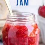 No-Cook Strawberry Freezer Jam in a decorative jar.